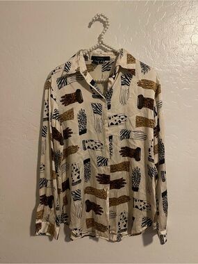 ISHYU Vintage 100% Silk Blouse Glove Print Size 8